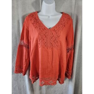 Cynthia Rowley Top Womens Small Orange Coral Linen Blend Long Sleeve Lace Boho